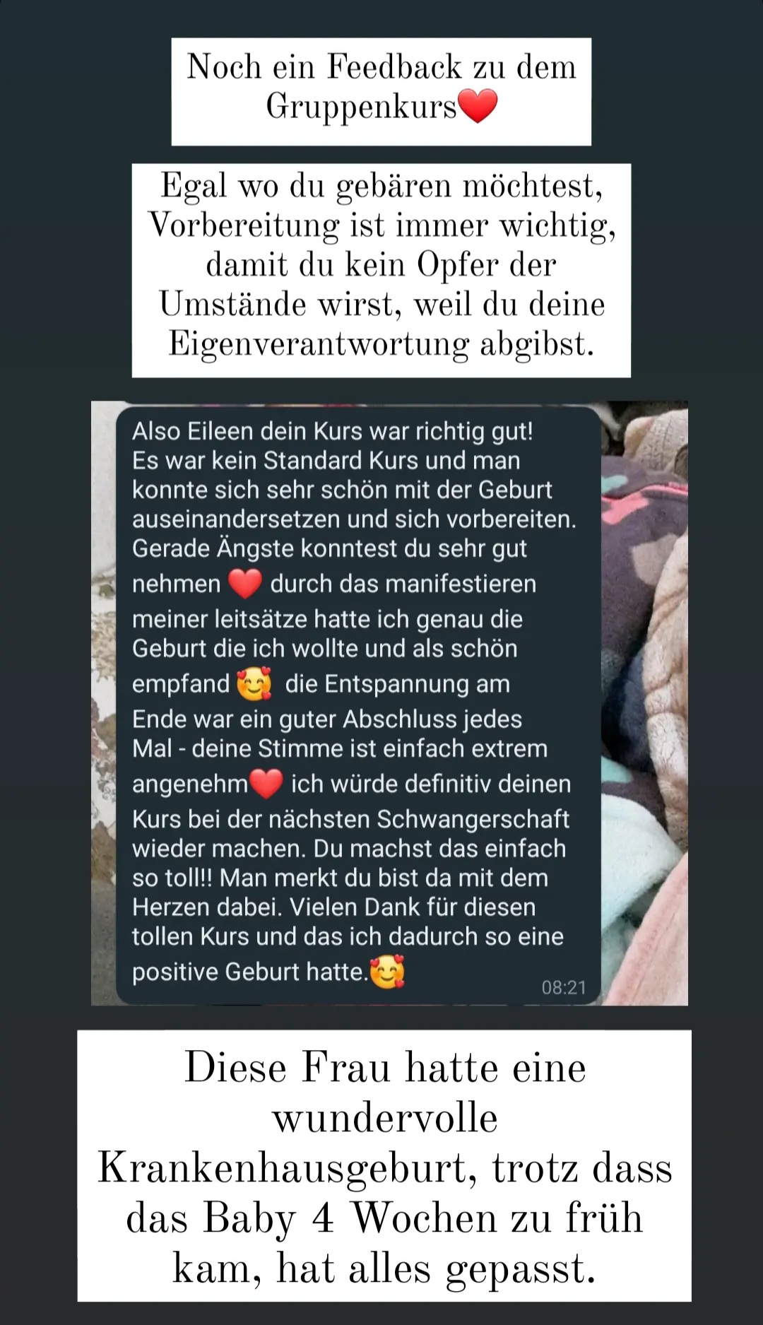 Rückmeldung zur Geburtsvorbereitung und Geburtsbegleitung von Eileen Kraus